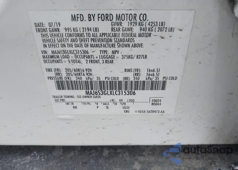 2020 Ford Ecosport Se z USA, uszkodzony, nr VIN MAJ6S3GLXLC315306